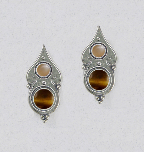 Sterling Silver Gothic Look Post Stud Earrings With Tiger Eye And Peach Moonstone